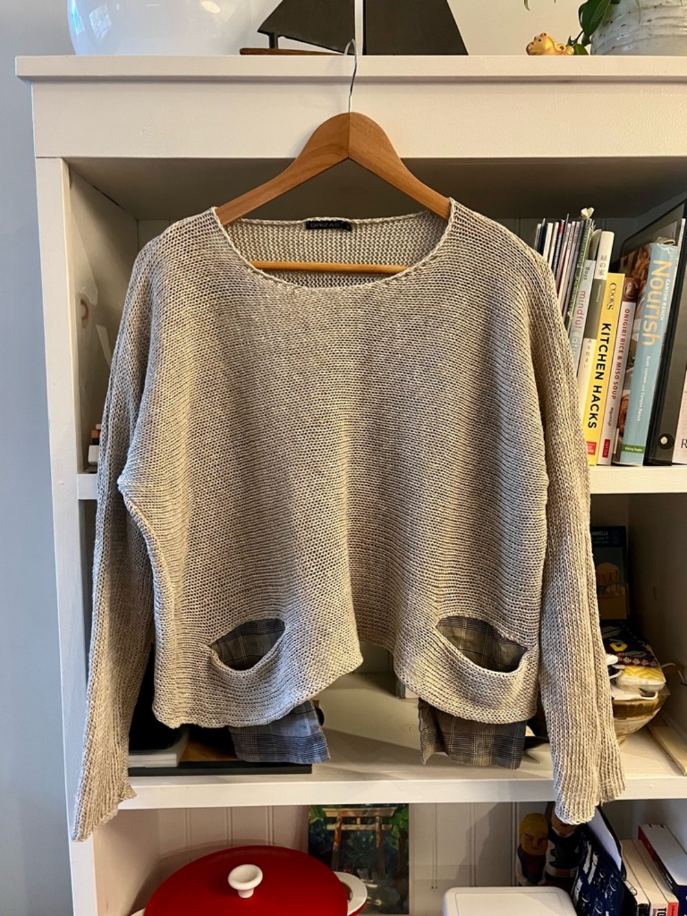 Grizas Linen Taupe Crewneck Sweater with Front Scoop Pockets